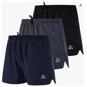 3 pack Men's Running Stretch Quick Dry Shorts with Zipper Pockets SMALL